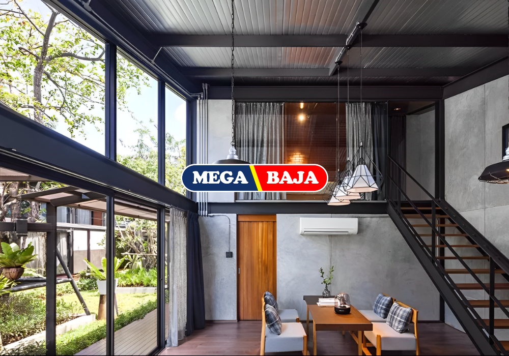 Interior rumah minimalis modern dengan struktur baja ringan, menampilkan ruang makan berkonsep industrial dengan pencahayaan alami dari jendela besar.